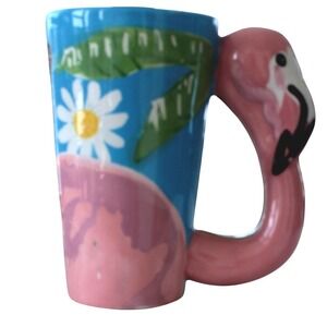 Hand Painted Ceramic Flamingo Tropical Flower Butterfly Coffee Mug